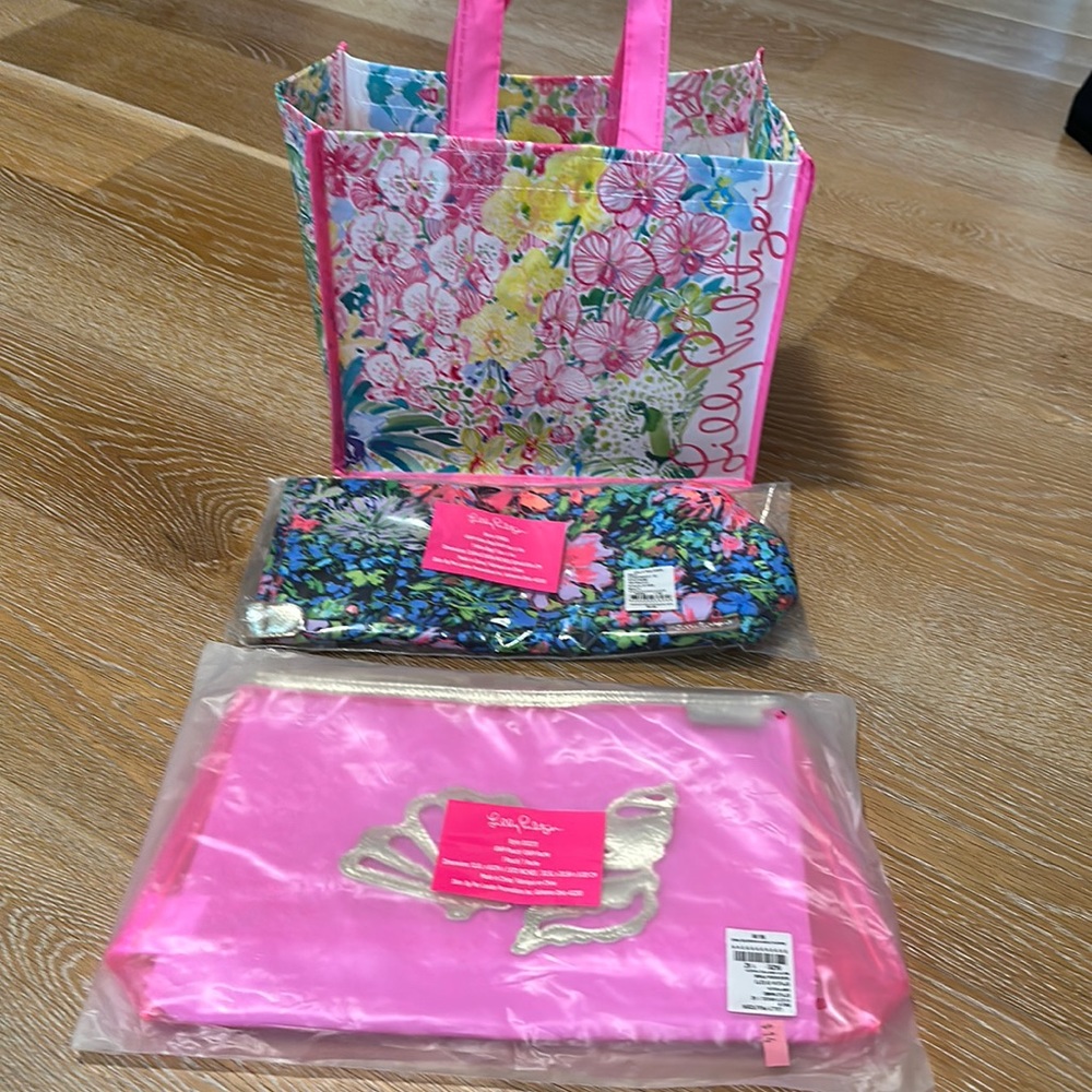 Lilly Pulitzer Havana Pink Pouch & Festive Fantasy Wine Bag